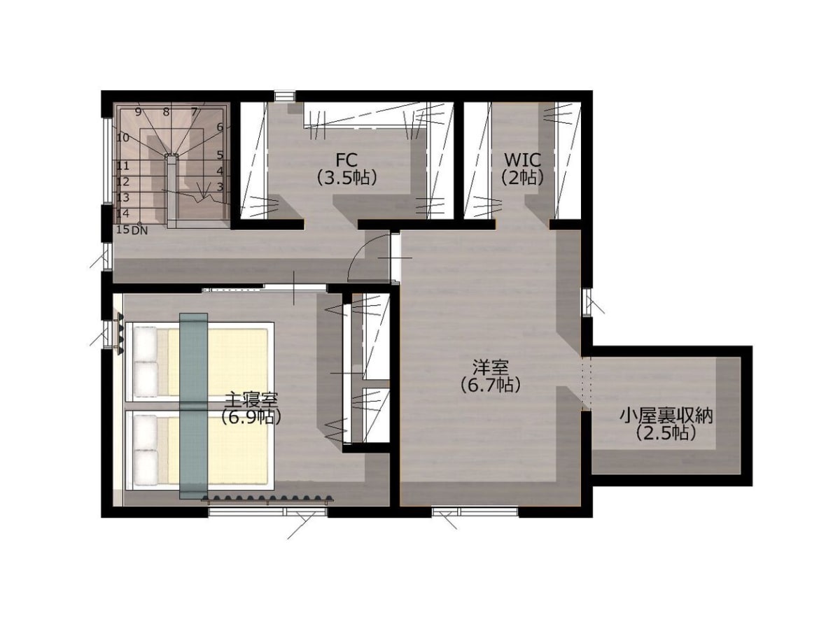 30坪2LDK+和室の間取り図。玄関の土間収納や2階の大型WICなど、豊富な収納を確保したコンパクトハウスの設計例。
