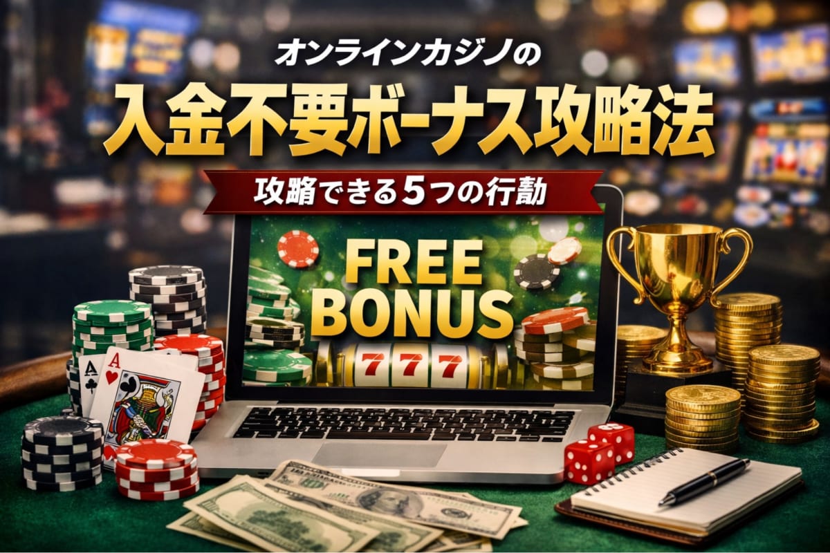 オンラインカジノのボーナスをパソコンで慎重に探す様子。画面の虫眼鏡が、規約を注意深く確認する重要性を示唆。