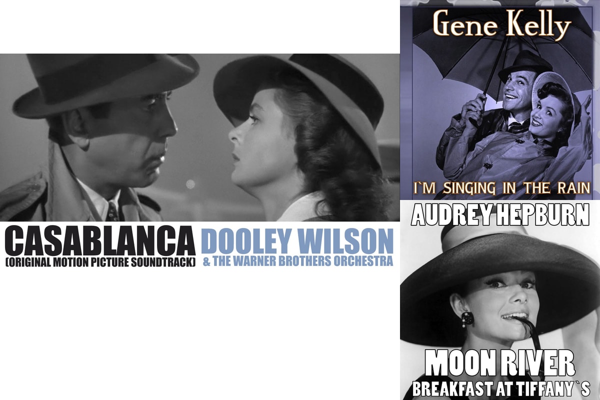 赤いマイクの前で歌うシルエット。映画主題歌が感動的なシーンを盛り上げる様子を、舞い上がる音符で表現したイラスト。