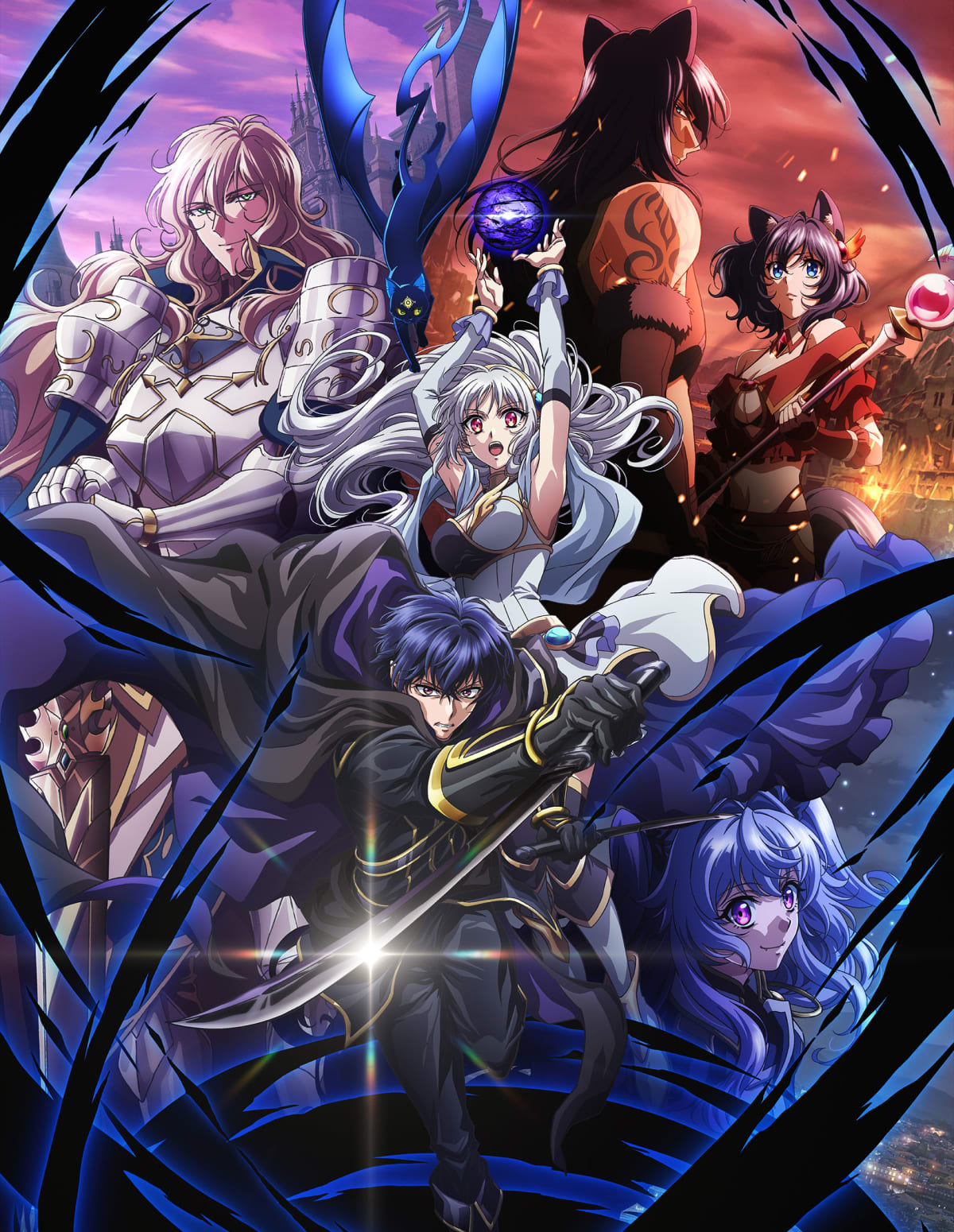 『異世界でチート能力』の主人公が制服姿で青く光る剣を構え、左手には魔法陣が輝く。なろう系ブームを象徴する、現実世界でも無双する強力な主人公のビジュアル。