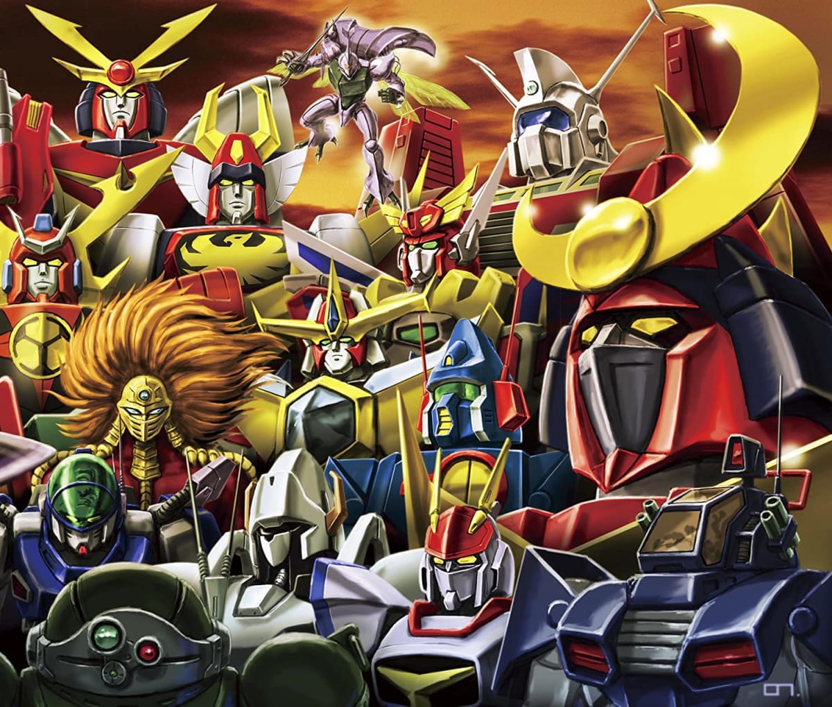 80年代サンライズの名作「レイズナー」の箱絵。青と白の主役機SPTレイズナーが、宇宙での戦闘中にライフルを構える躍動的な姿。