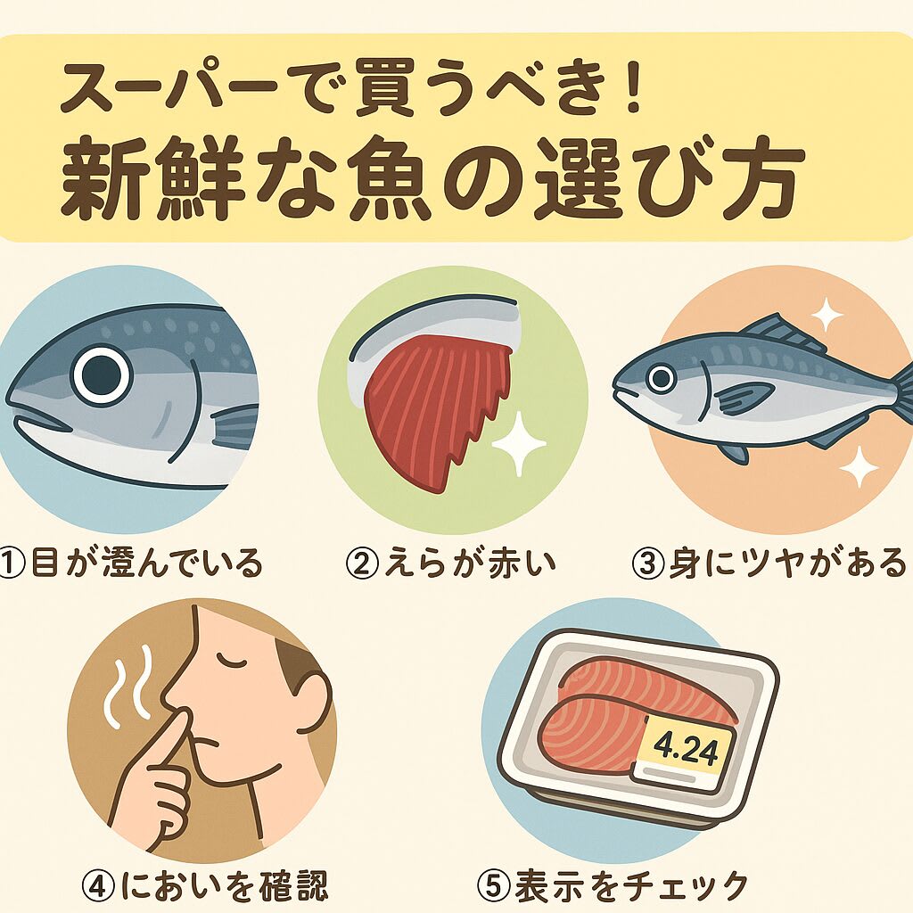 人の手が新鮮なサバを掲げ、食卓の定番魚の見分け方を解説。銀色の体に走る美しい縞模様が特徴。