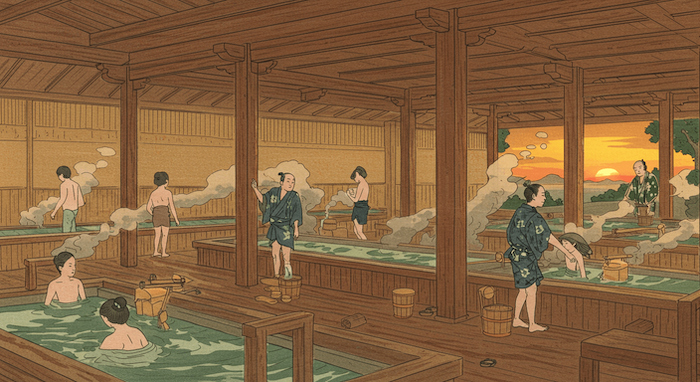 江戸時代の温泉文化を描いた浮世絵。木造の湯船で庶民が混浴する、旅の娯楽としての賑やかな温泉地の風景。