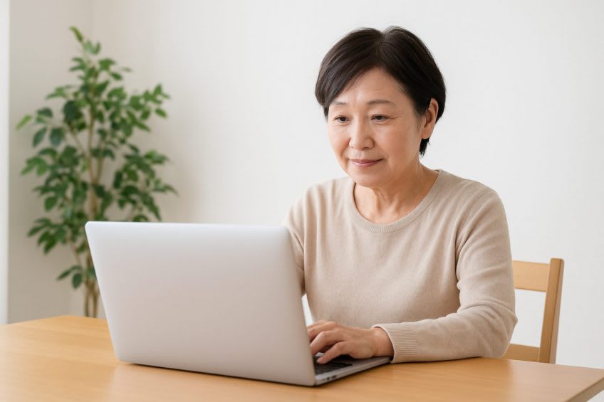 ノートパソコンでタイピング練習をする人の手元。木目調の机で、初心者がパソコンの基本操作を学ぶ第一歩。