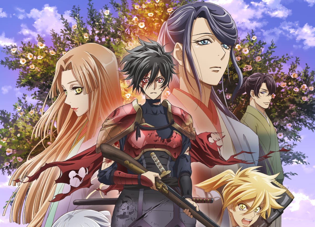 アニメ『胡蝶綺』の若き信長が黒い着物姿で刀を手に立つ。その決意に満ちた瞳は、彼の覚悟と時代の哀愁を強く感じさせるキービジュアル。