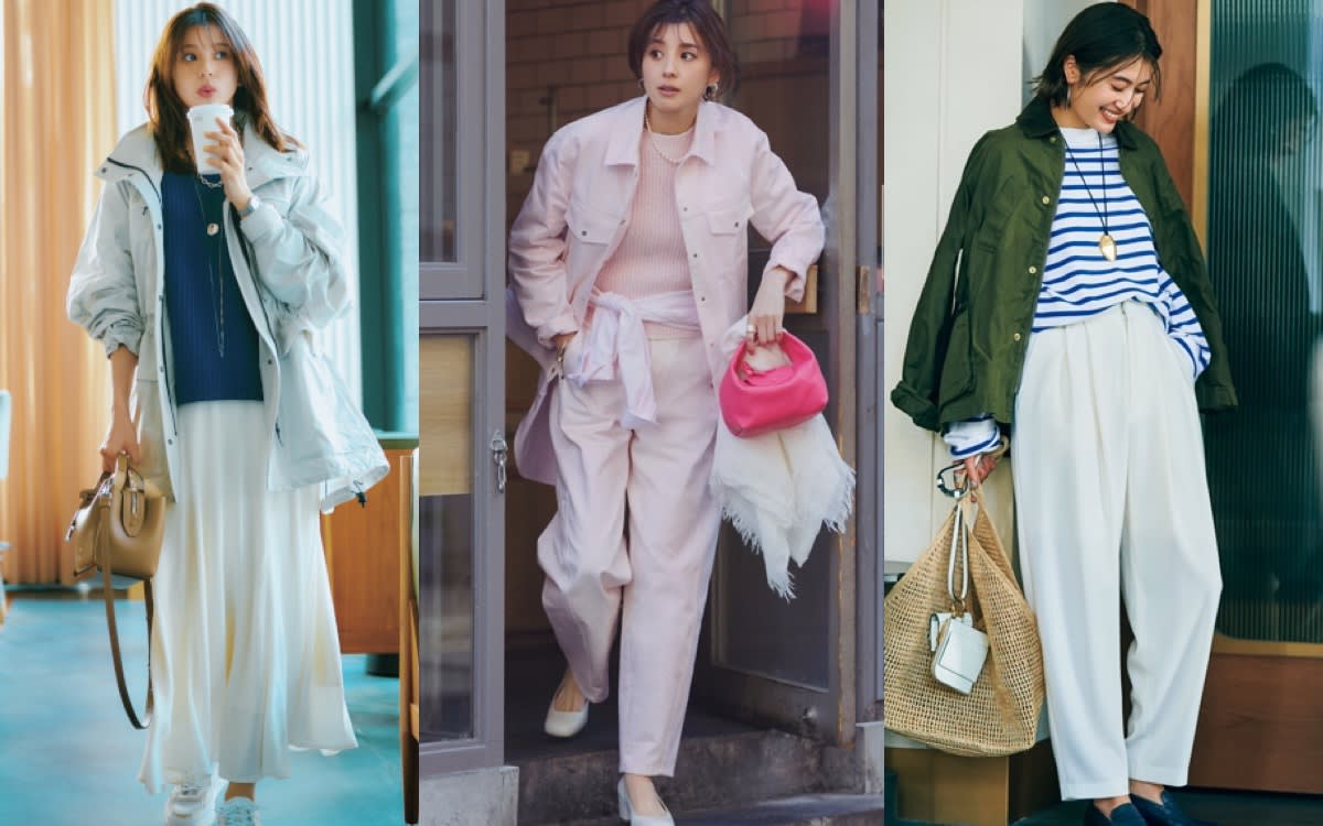 街を歩く30代女性のきれいめカジュアルな着こなし。グレーのコートと白パンツに、スニーカーで抜け感を加えた冬の装い。