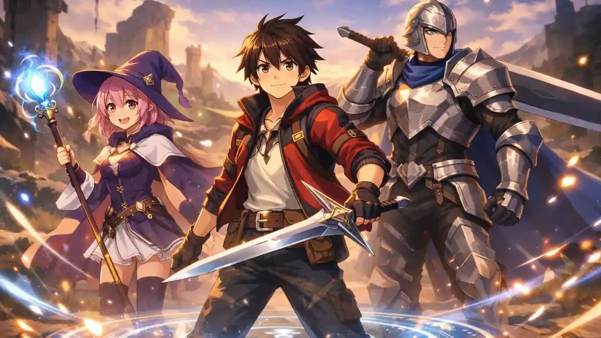 メギド72の主人公ソロモンを中心に仲間たちが集結したイラスト。序盤の攻略で重要となるパーティ編成のイメージを伝える。