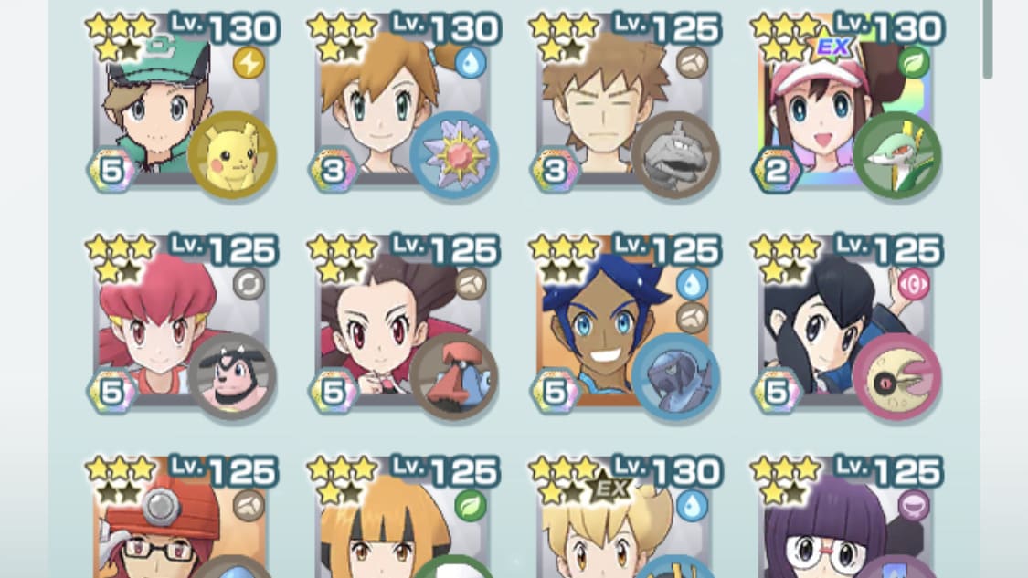 A Pokémon Masters party formation with Red and Charizard as the central attacker, flanked by supporters Serena and Fenneki...