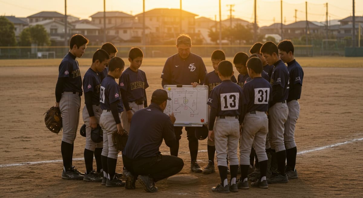 少年野球チームがコーチを囲み話を聞く。後悔しないチーム選びで重要な、指導者と選手のコミュニケーション。