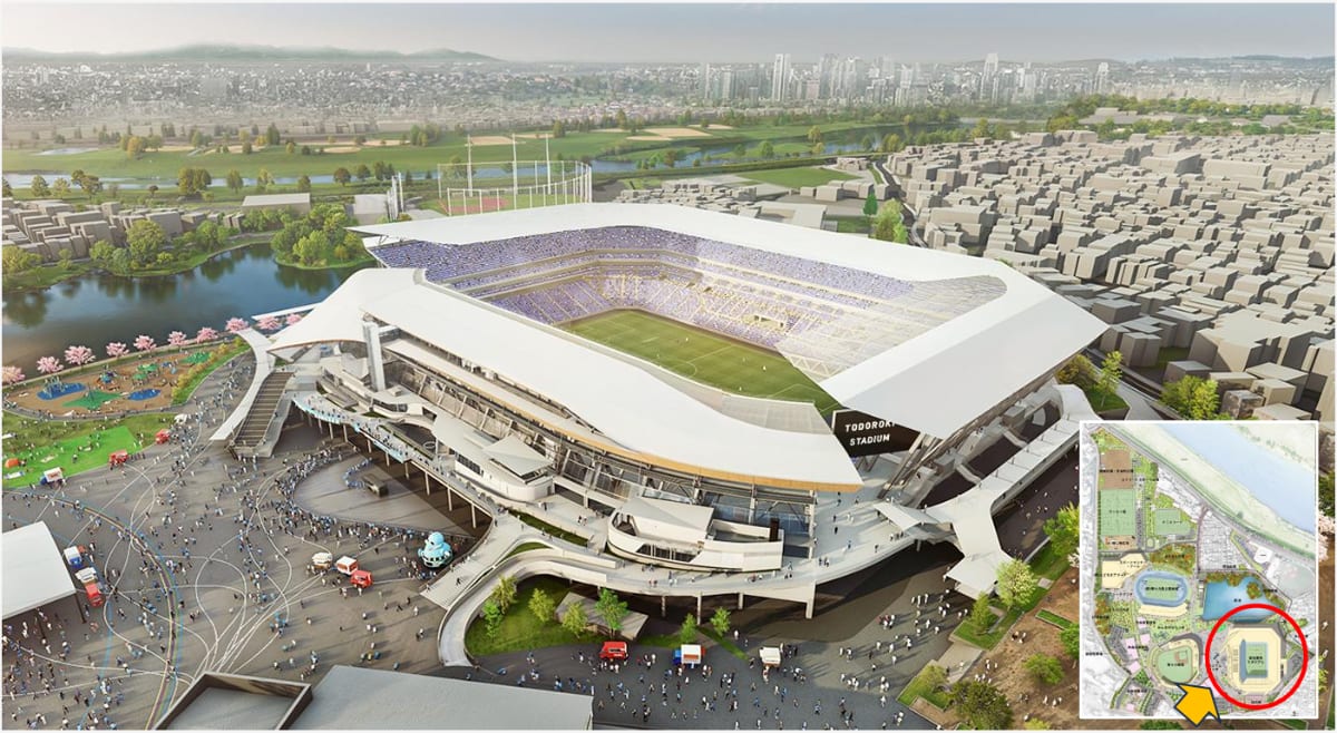 等々力緑地再整備事業のカラフルな土地利用計画図。スポーツや文化等のゾーンが色分けされ、川崎市の公園の未来の姿がわかる。