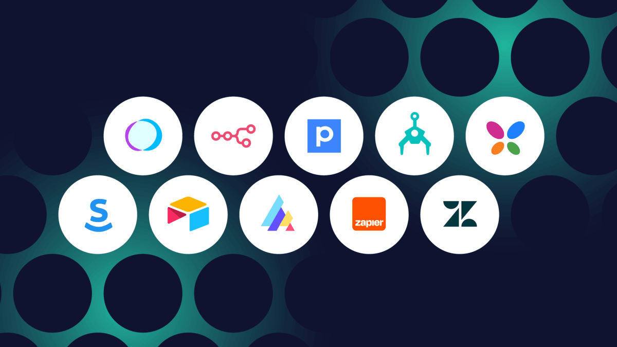 A persons hand turns a central gear, activating a workflow of smaller gears with app icons for no-code automation.