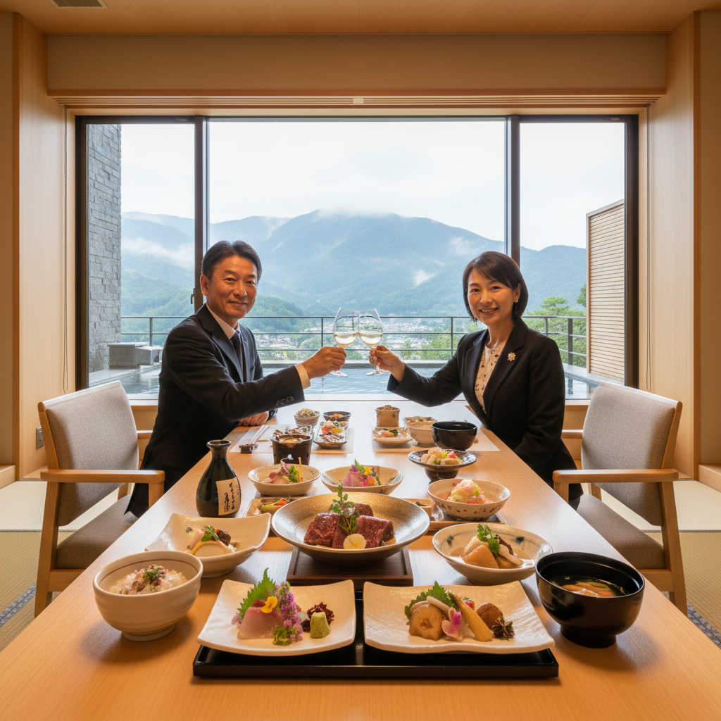 甲府の温泉旅館で、地元食材を活かした料理と共に贅沢な時間を過ごすには、どのようなプランがおすすめですか?