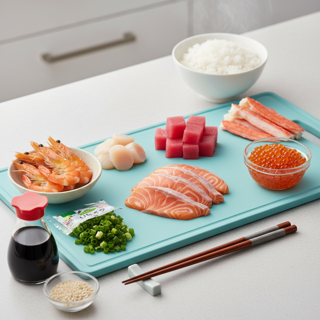魚の種類が分からなくても、自宅で美味しい海鮮丼を作るために、スーパーで買うべき魚介の種類や組み合わせ方を教えてください。