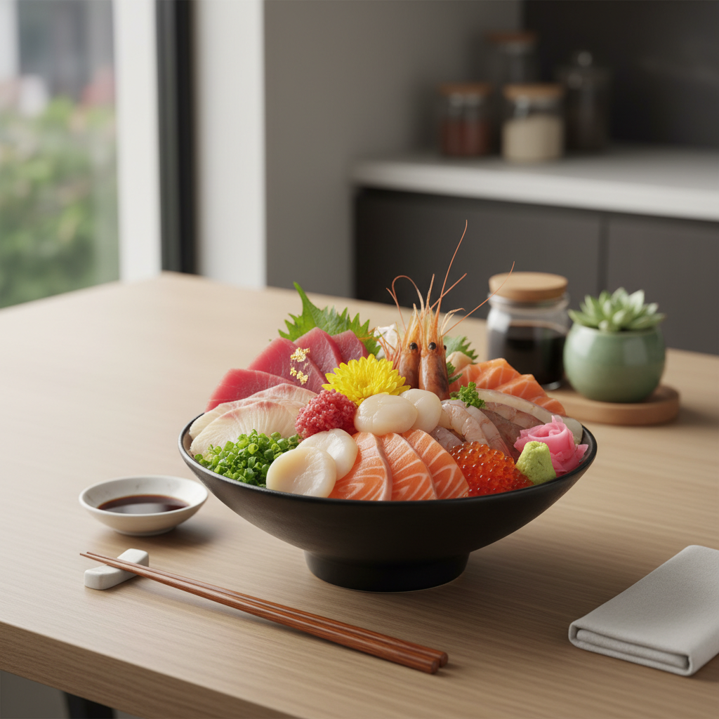 外食で食べるような豪華な海鮮丼を、家庭でも簡単に再現できるおすすめの具材と盛り付けのコツは何ですか？