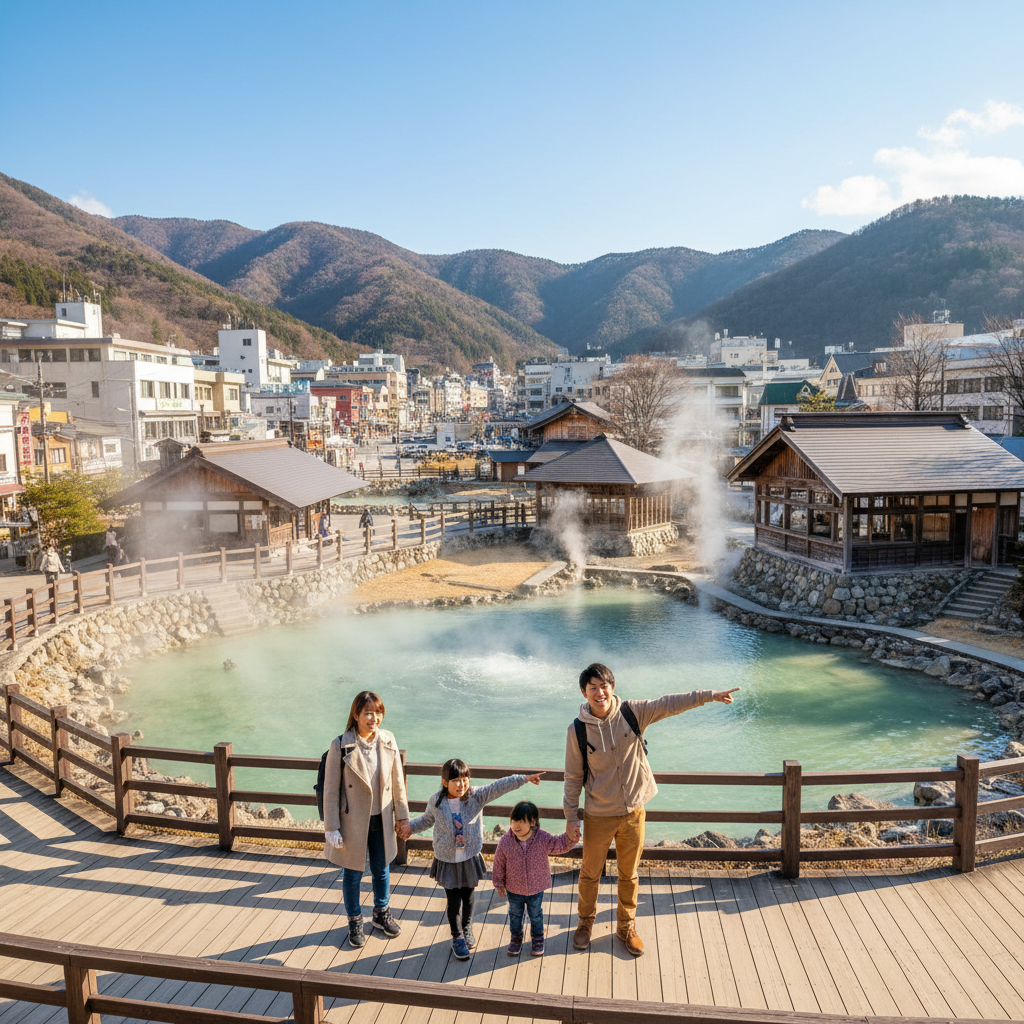 初めて草津温泉を訪れる家族連れにおすすめの観光スポットや回り方はありますか？