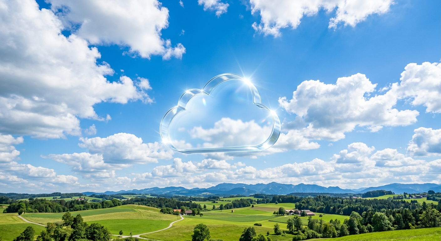 青空に白い雲と透明なクラウドアイコンが浮かぶ風景。太陽光が反射し、明るいブルーとホワイトの配色。