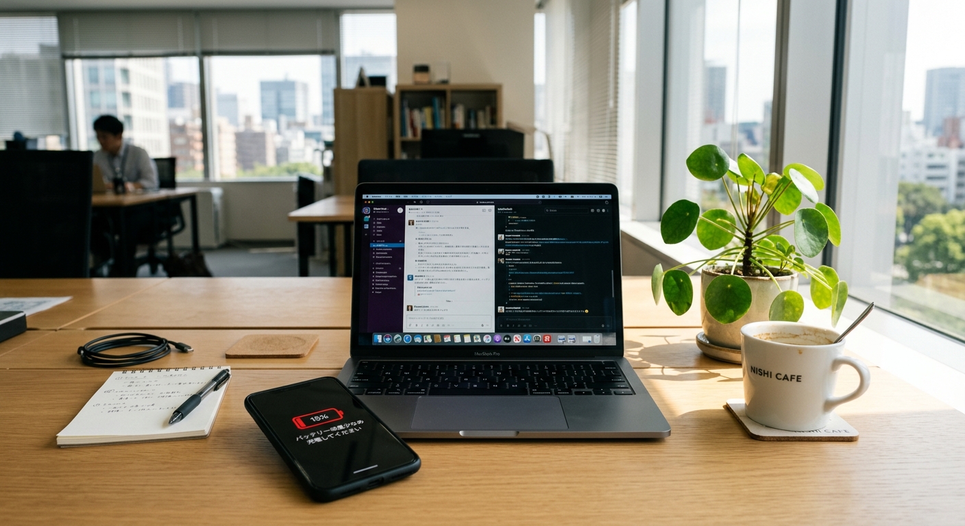 明るいオフィスのデスクにスマホ、ノートPC、植物、コーヒーカップがあり、スマホはバッテリー残量が少ない。