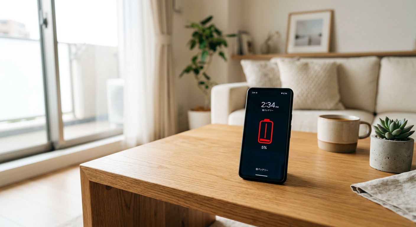 現代的なリビングルームのテーブル上に、バッテリー残量が少ないスマートフォンが置かれている。