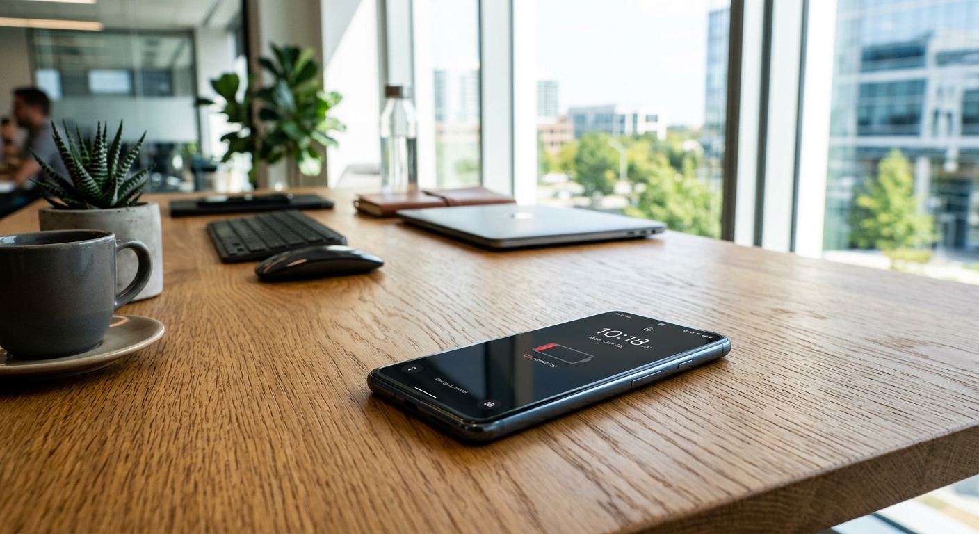 スマートフォンの画面にバッテリー残量低下アイコンが表示された明るいオフィスデスク。