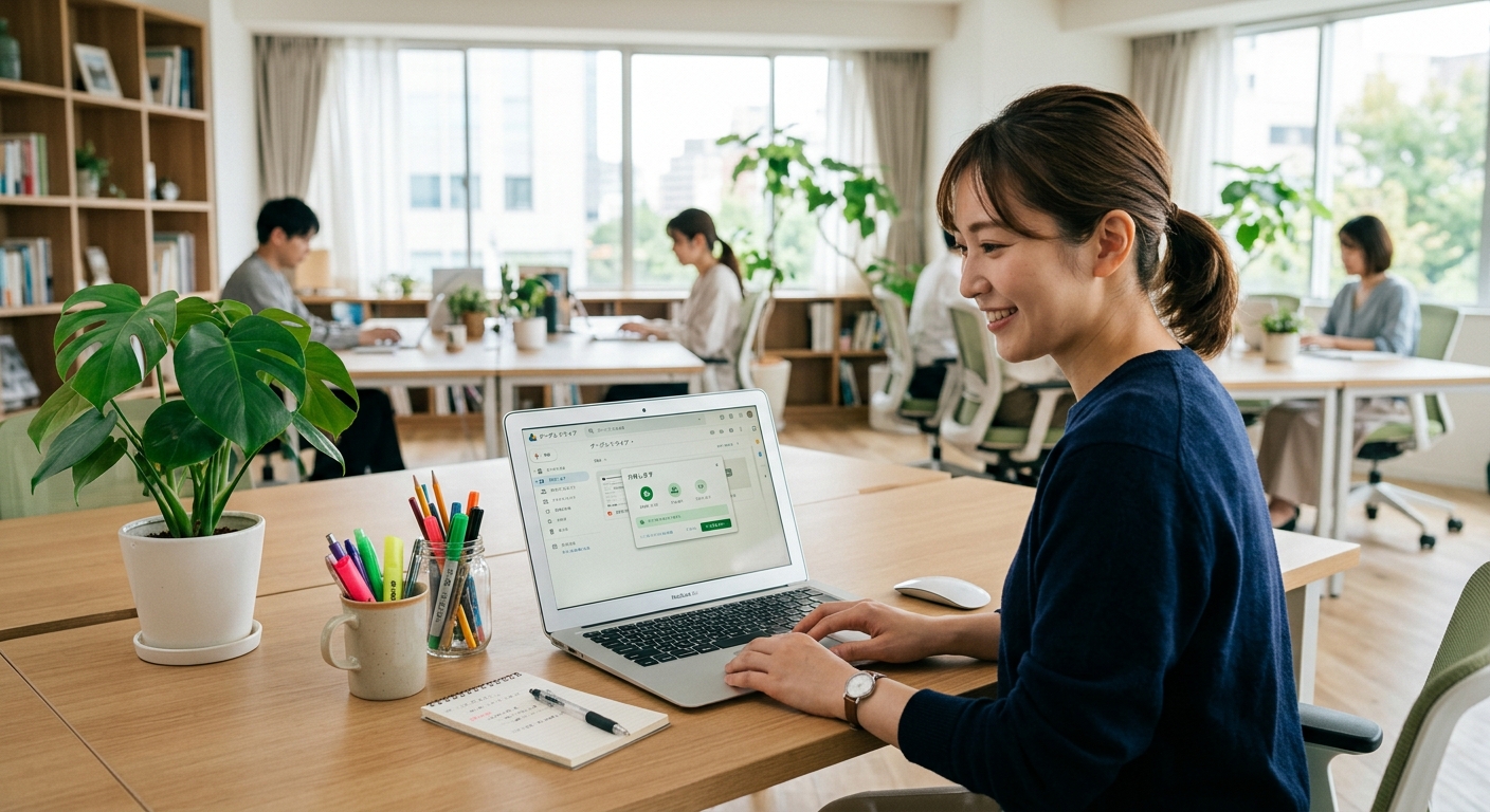 モダンなオフィスでGoogleドライブを表示したラップトップ、観葉植物と文房具が置かれたデスク。
