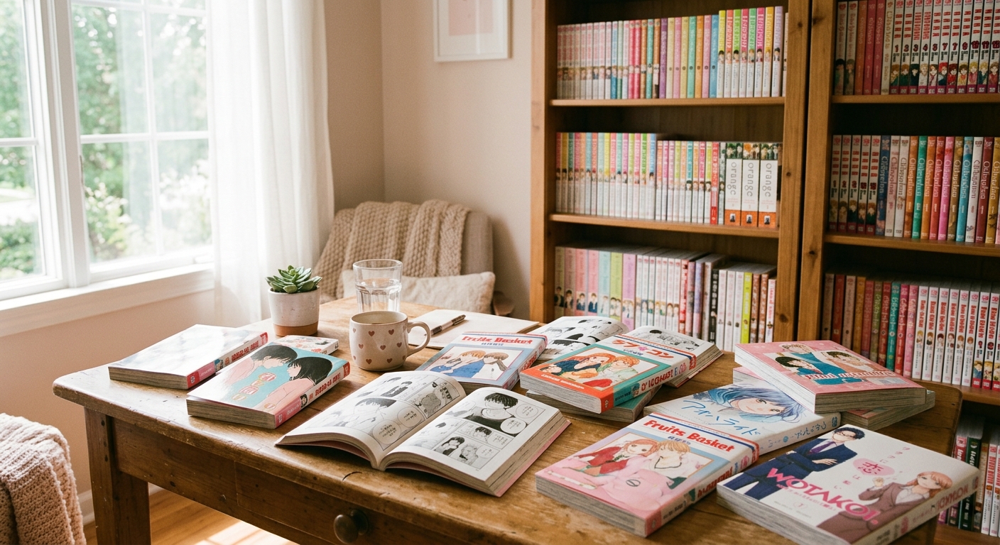 明るい部屋で机に広げられた色とりどりの漫画本と木製本棚。ソフトなピンクとベージュのトーン。
