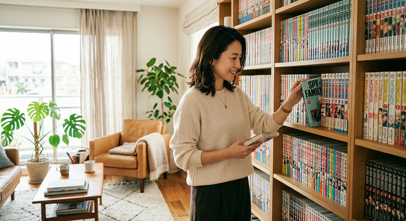 明るいリビングで女性が本棚から漫画を選ぶ。自然光が差し込み、暖かい雰囲気の現代的なインテリア。