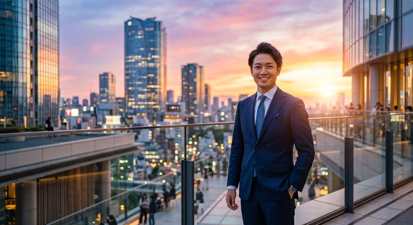夕暮れの街を背景にスーツ姿の男性が微笑む。高層ビルとオレンジの空が幻想的。