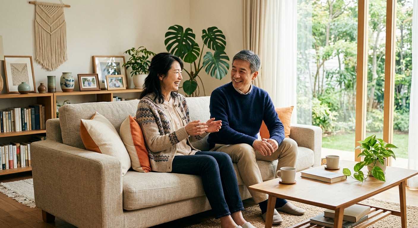 明るいリビングで中年夫婦がソファに座り、微笑みながら会話する様子。暖かい自然光が差し込む。