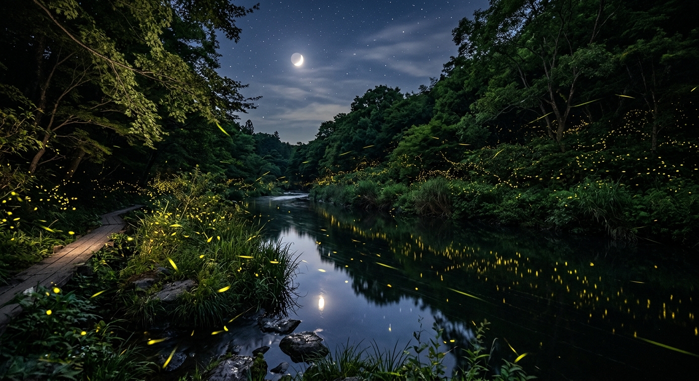 夜空にホタルが輝く川辺の風景。ホタルの光が水面に映り、月明かりが自然を優しく照らす。