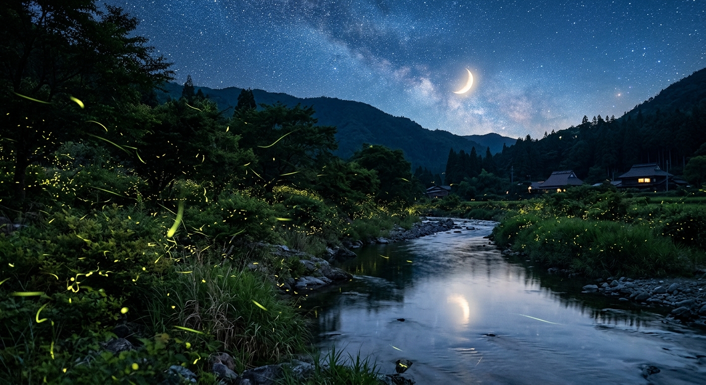 夏の夜、ホタルが川辺を舞い、星空と月明かりが幻想的な雰囲気を演出する。