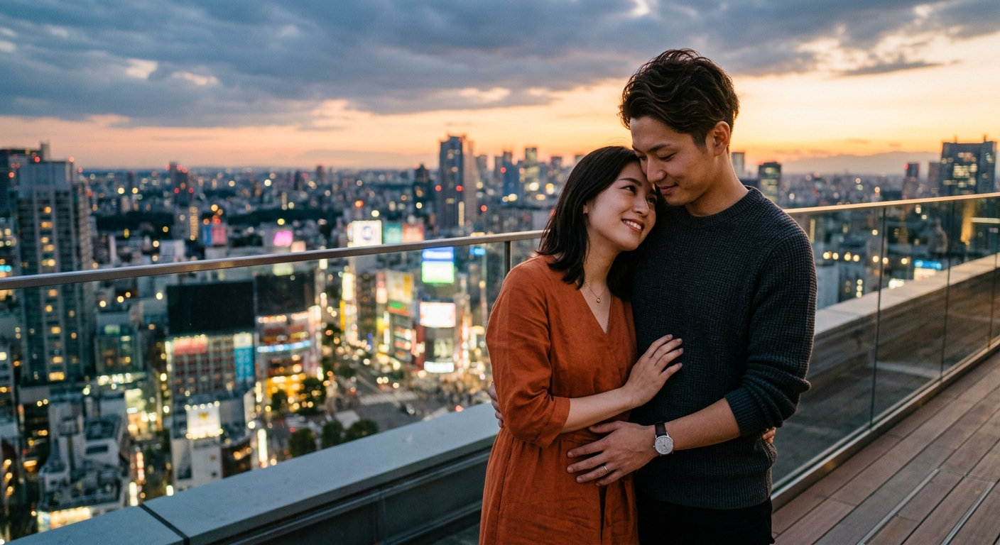 夕暮れの都市スカイラインを背景に、柔らかな光に包まれた親密なカップルのシーン。