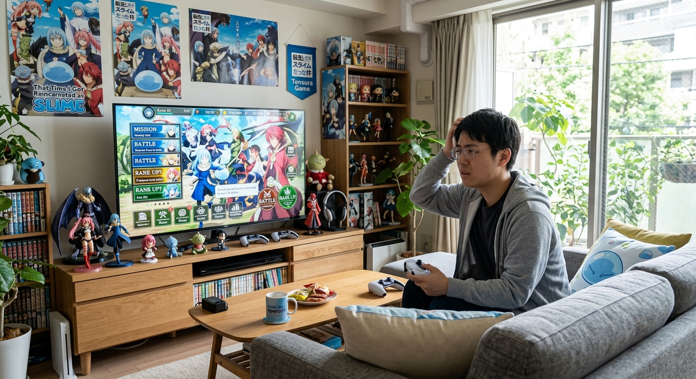 リビングルームで転スラゲームをプレイする初心者の男性。自然光が差し込む中、困惑した表情。