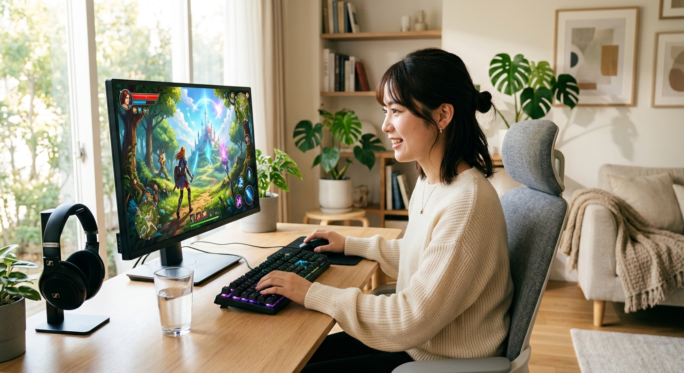 明るい部屋で若いゲーマーが色鮮やかなゲームに夢中になっている。