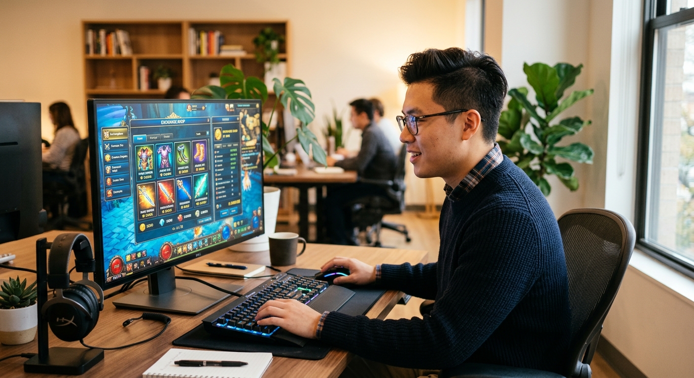 明るいオフィスで若いアジア人男性がファンタジーゲームの交換所画面を情熱的に見つめている。