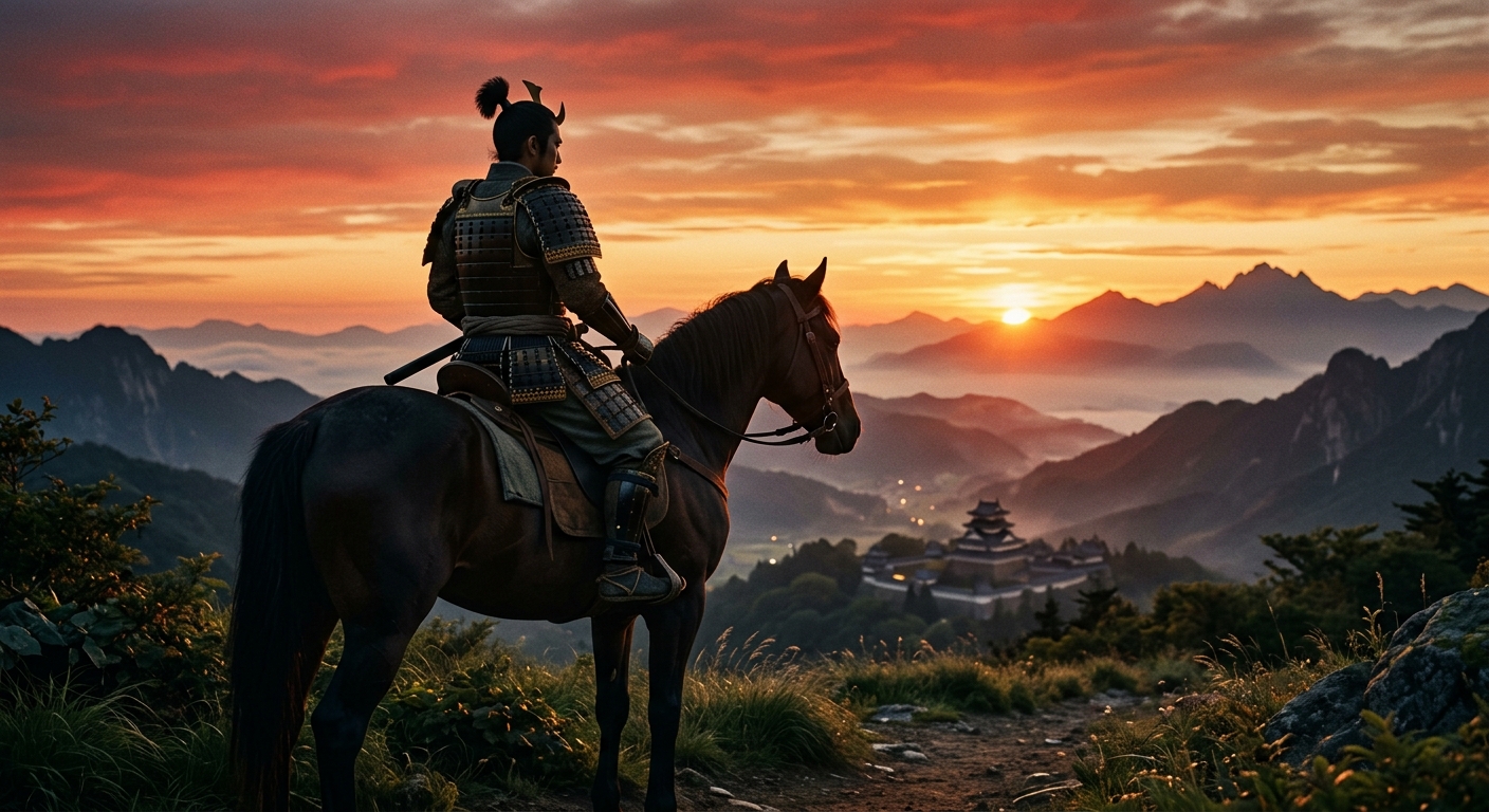 夜明け前、信長が馬に乗る戦国時代の日本の風景。赤と金色の空が彼のシルエットを際立たせる。