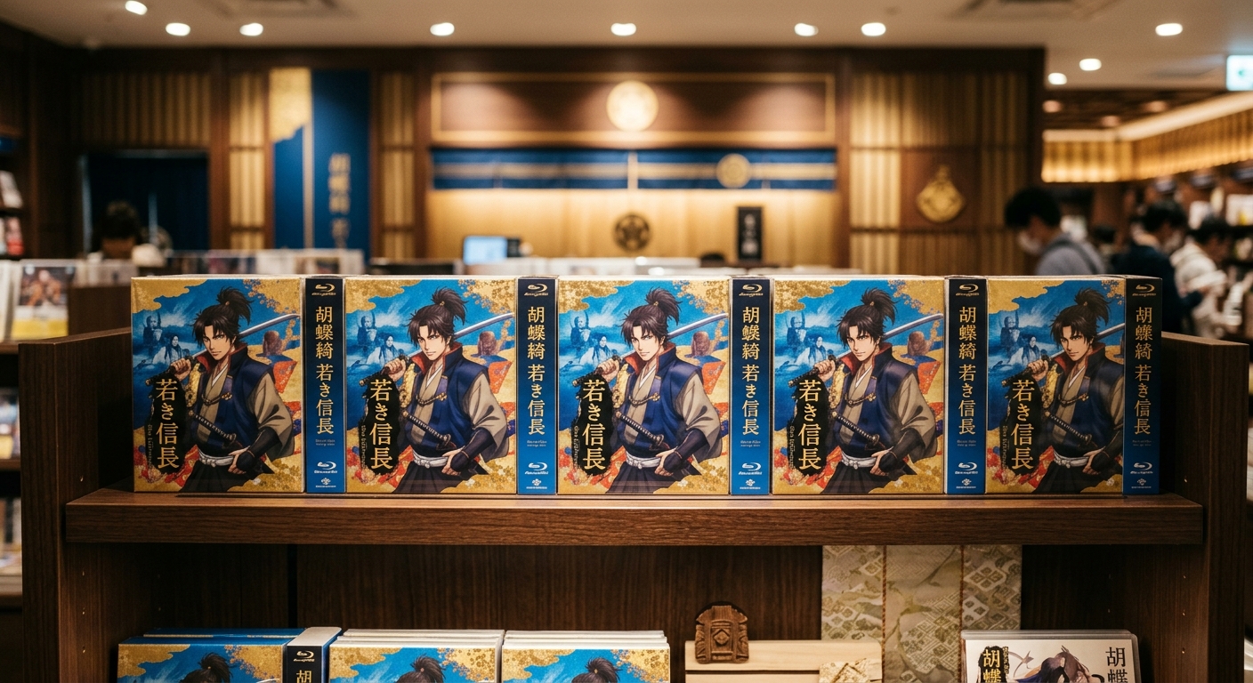 柔らかな光に照らされた棚に『胡蝶綺 若き信長』のBlu-rayが整然と並び、和風の背景が高級感を演出。