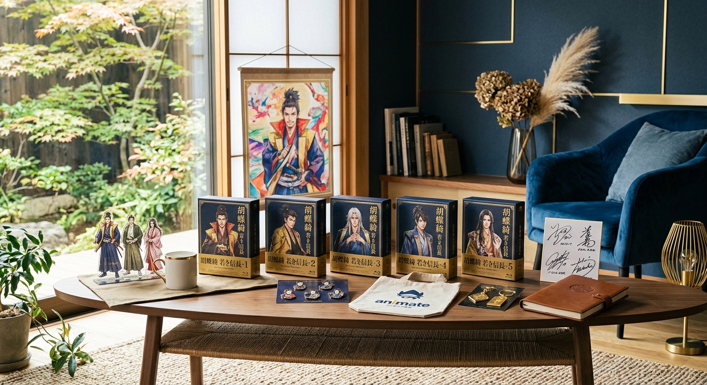 室内に自然光が差し込み、青と金の色調で「胡蝶綺 若き信長」Blu-rayパッケージと特典グッズが並ぶ。