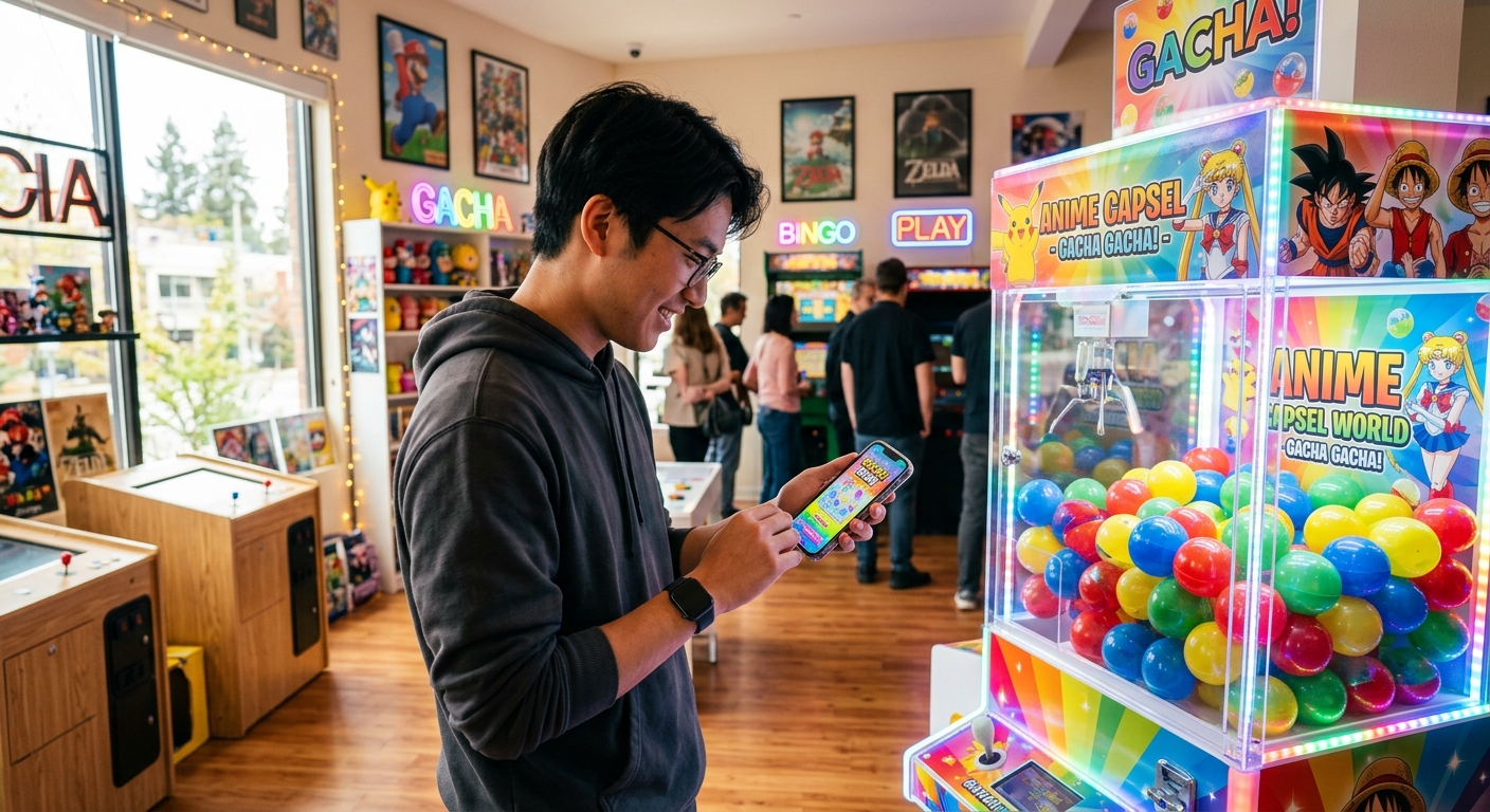 ゲームルームで若者がスマホを見つめ、カラフルなガチャマシンが自然光で輝く。