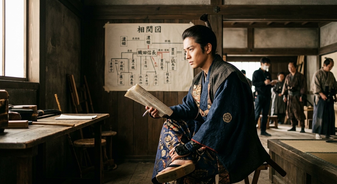 歴史ドラマのセットで若い織田信長を演じる声優が真剣な表情で集中している。