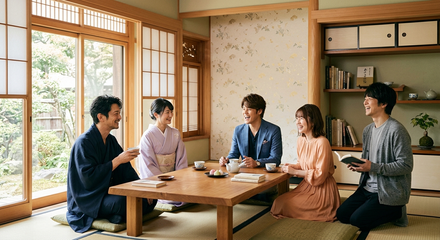 和風書斎で声優たちが談笑、柔らかな自然光が和紙の壁を照らす静かな雰囲気。