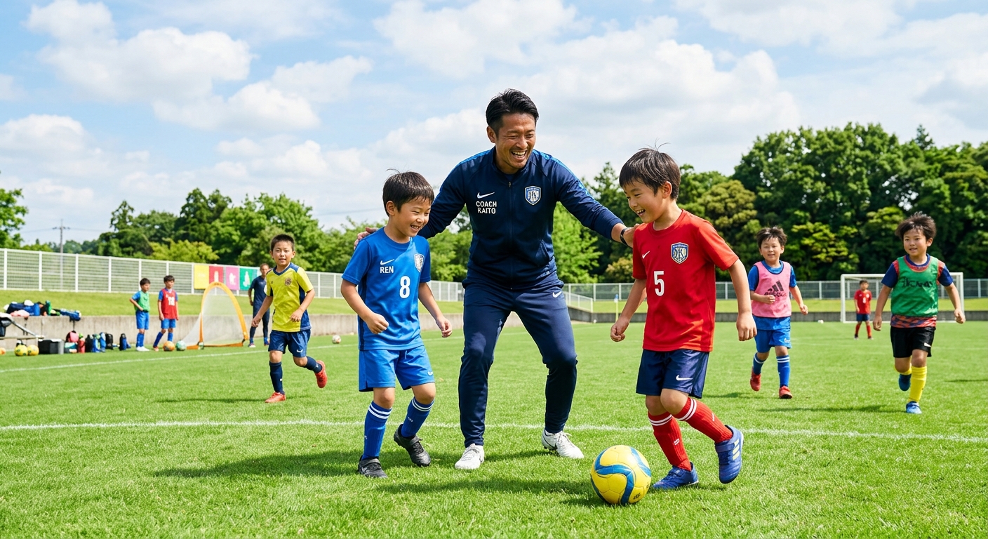 プロのサッカーコーチが緑のグラウンドで子供たちに指導、青空と白い雲の下で元気にボールを追う。