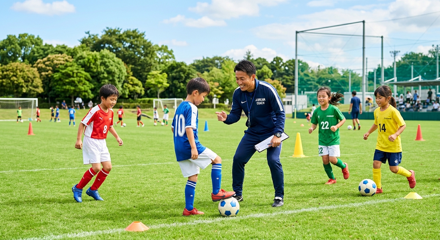 晴天のサッカーグラウンドで、プロのコーチが子供たちに指導し、自然光が差し込む活気あるシーン。