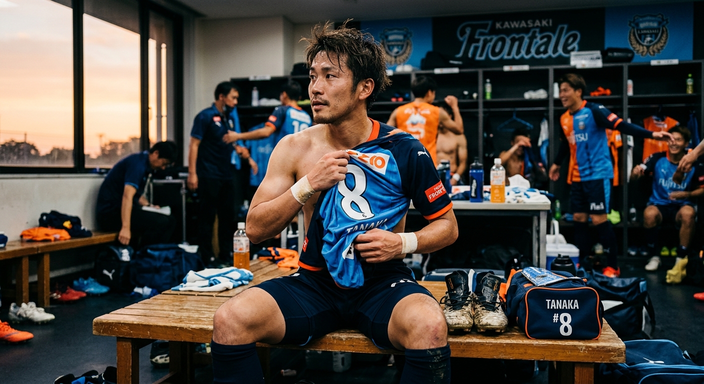試合後のロッカールームでユニフォームを脱ぐサッカー選手、夕方の光が表情を照らす。