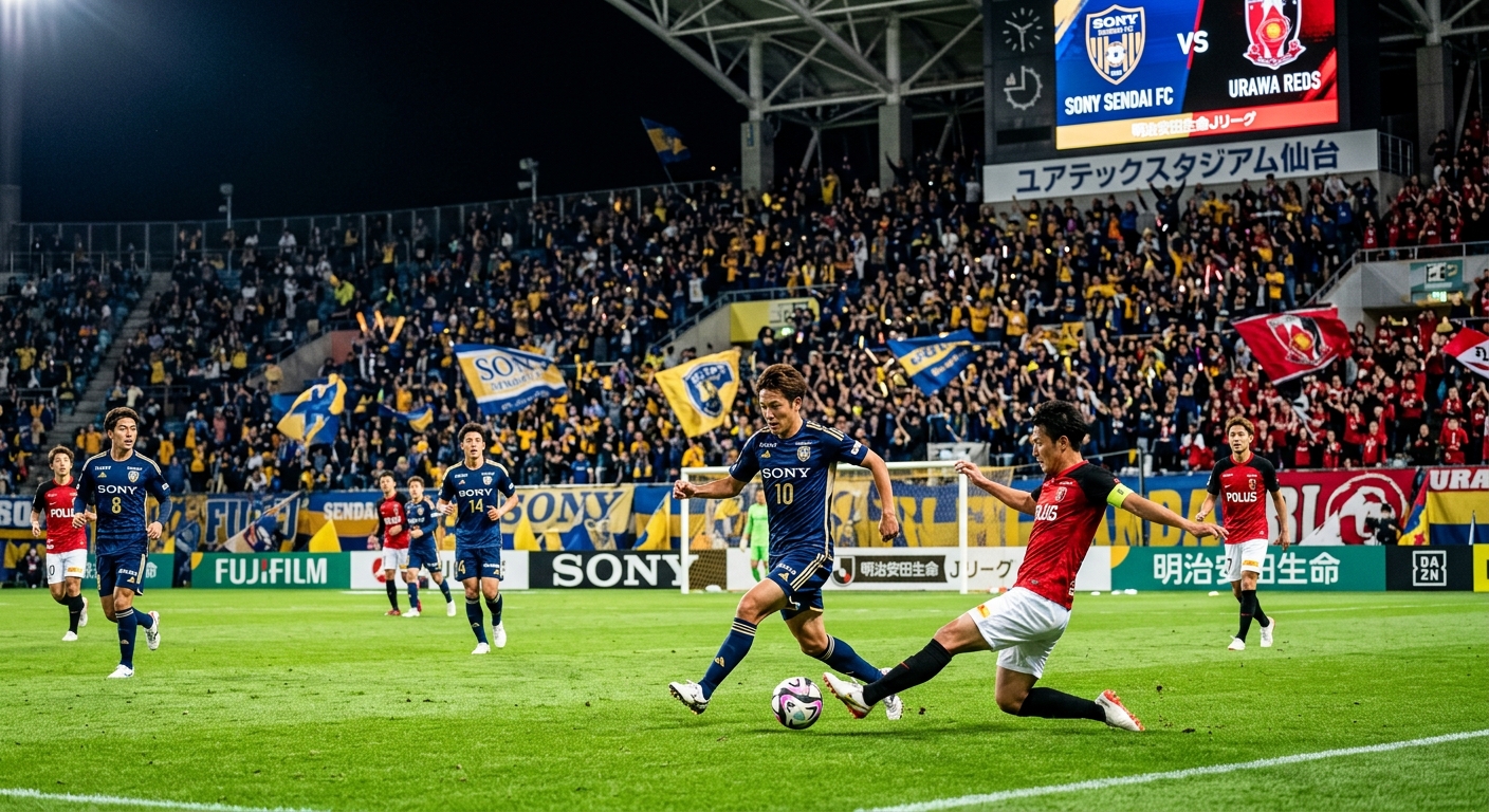 夜のスタジアムで満員の観客が興奮し、ソニー仙台FCの選手が試合中の瞬間を捉えた画像。