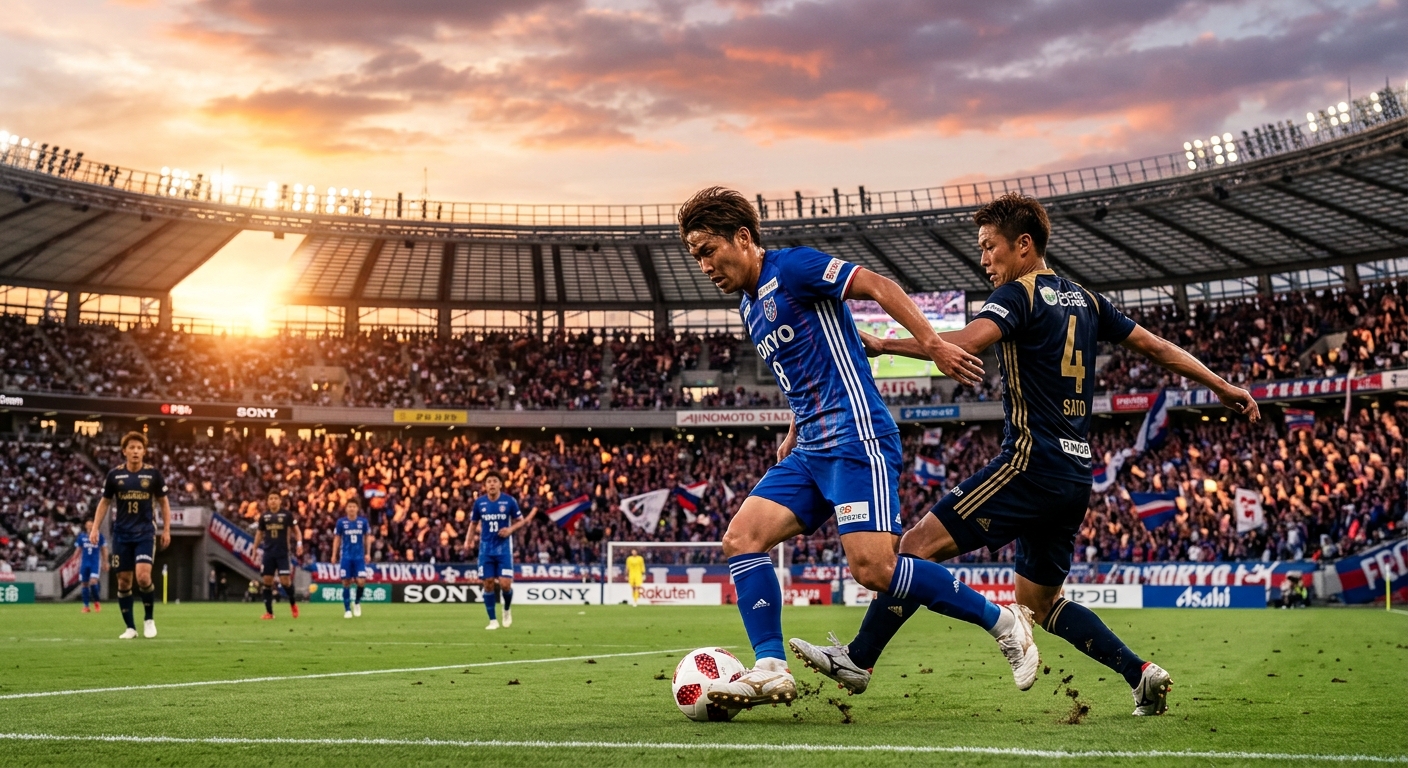 夕暮れのスタジアムでサッカー試合、夕日が選手を照らし、観客が歓声を上げる中、激しいプレーが展開。
