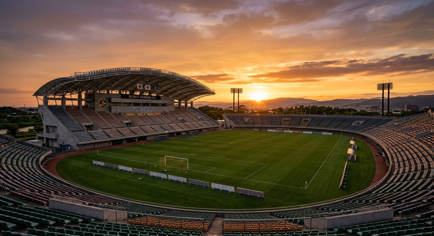 夕日に照らされたソニー仙台FCのスタジアム、暖かな色調でノスタルジックな雰囲気が漂う。
