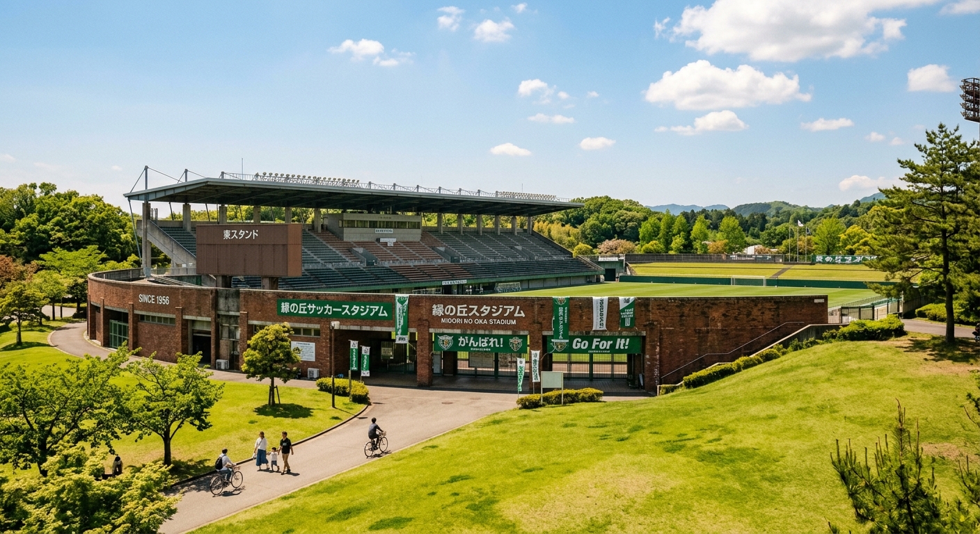 晴れた日のサッカースタジアムの外観、青空と緑の芝生に囲まれた静かな観客席。