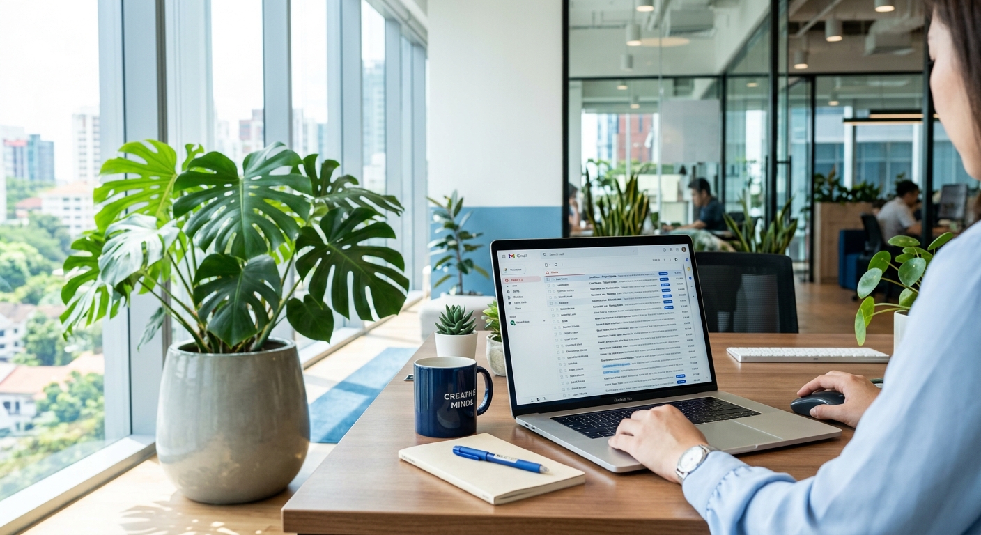 モダンなオフィスでGmailが表示されたラップトップ、自然光と観葉植物が調和する明るい空間。