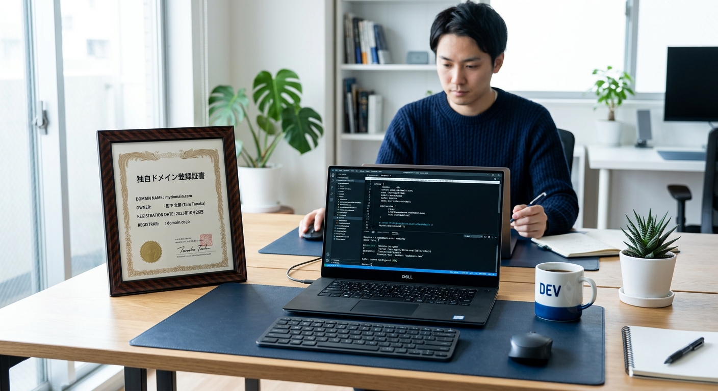 現代的なオフィスのデスクにラップトップと独自ドメインの証書、背景に自然光が差し込む。