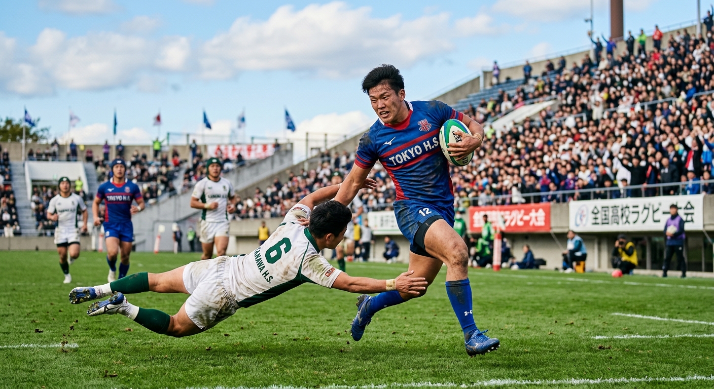 青空の下、高校ラグビーの試合で選手がタックルをかわし疾走する瞬間。観客が遠くに見える。